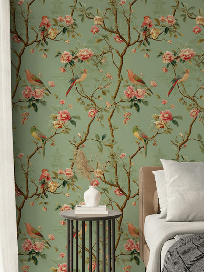 Çiçekli Kuşlu Duvar Kağıdı Yeşil Chinoiserie Desen