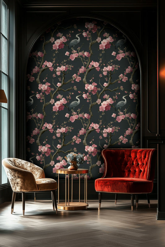 Vinç Kuşlu Sakura Çiçekli Duvar Kağıdı Siyah Salon