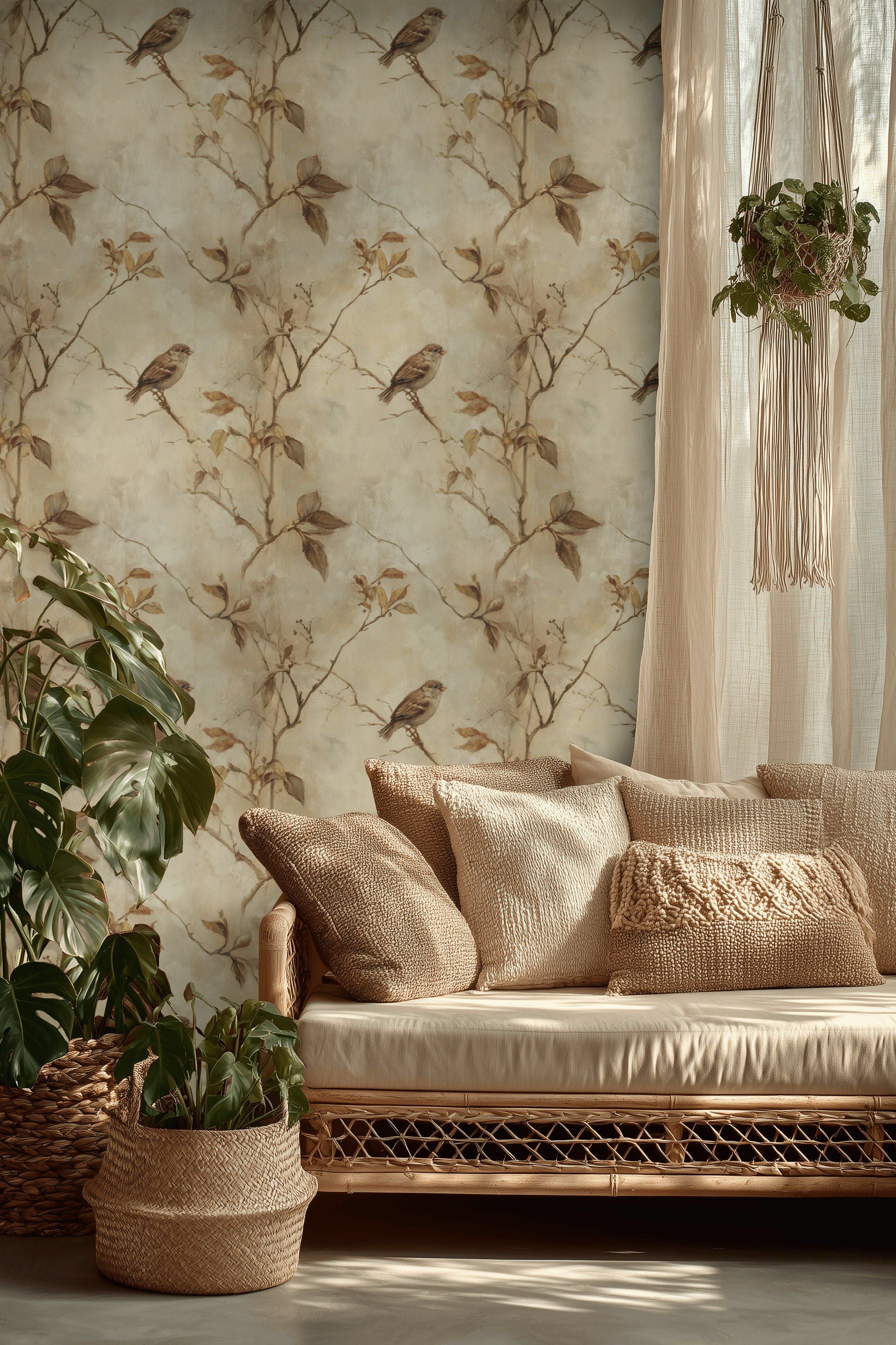 Kuş ve Dallı Duvar Kağıdı Bej Vintage Salon