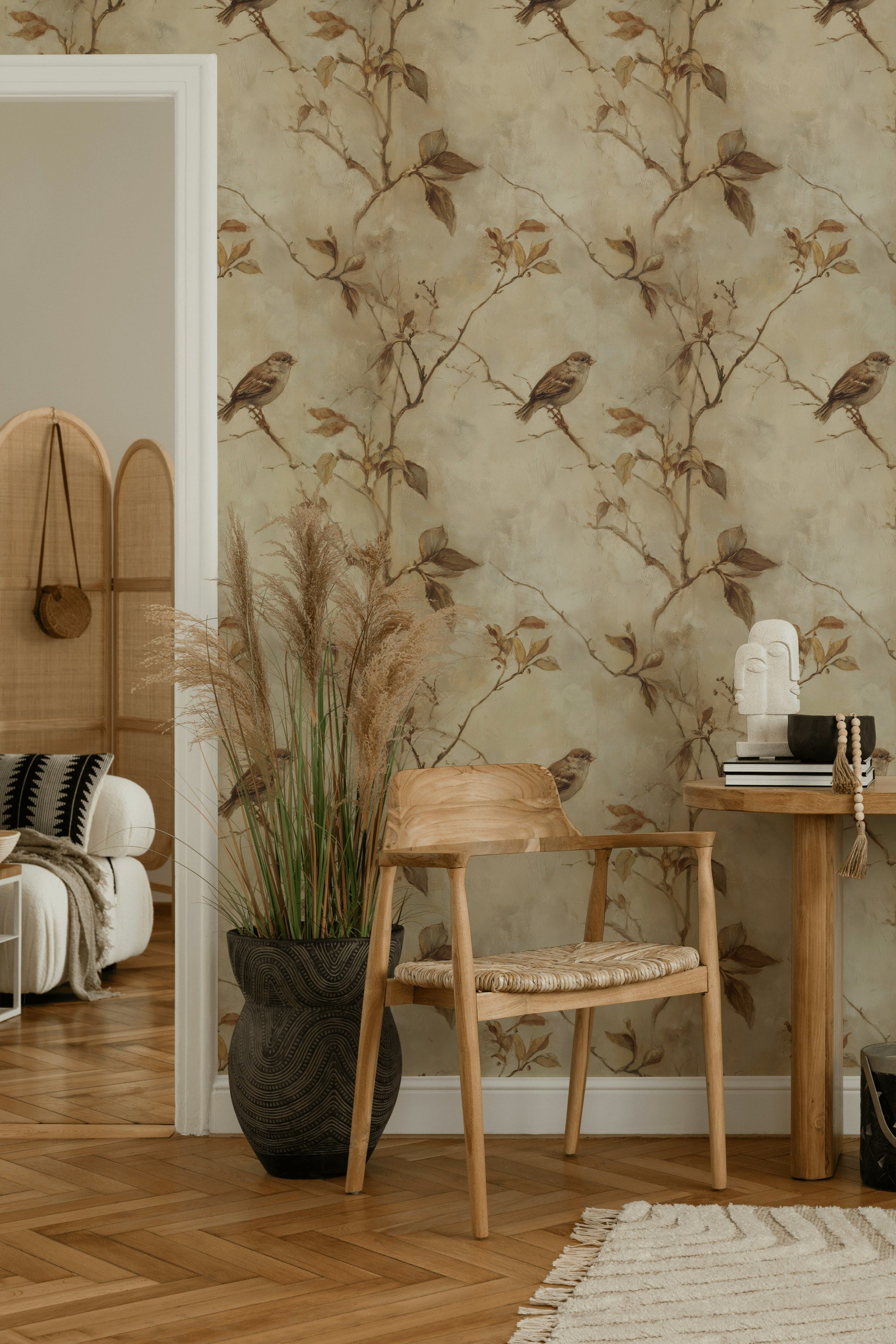 Kuş ve Dallı Duvar Kağıdı Bej Vintage Salon