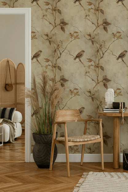 Kuş ve Dallı Duvar Kağıdı Bej Vintage Salon