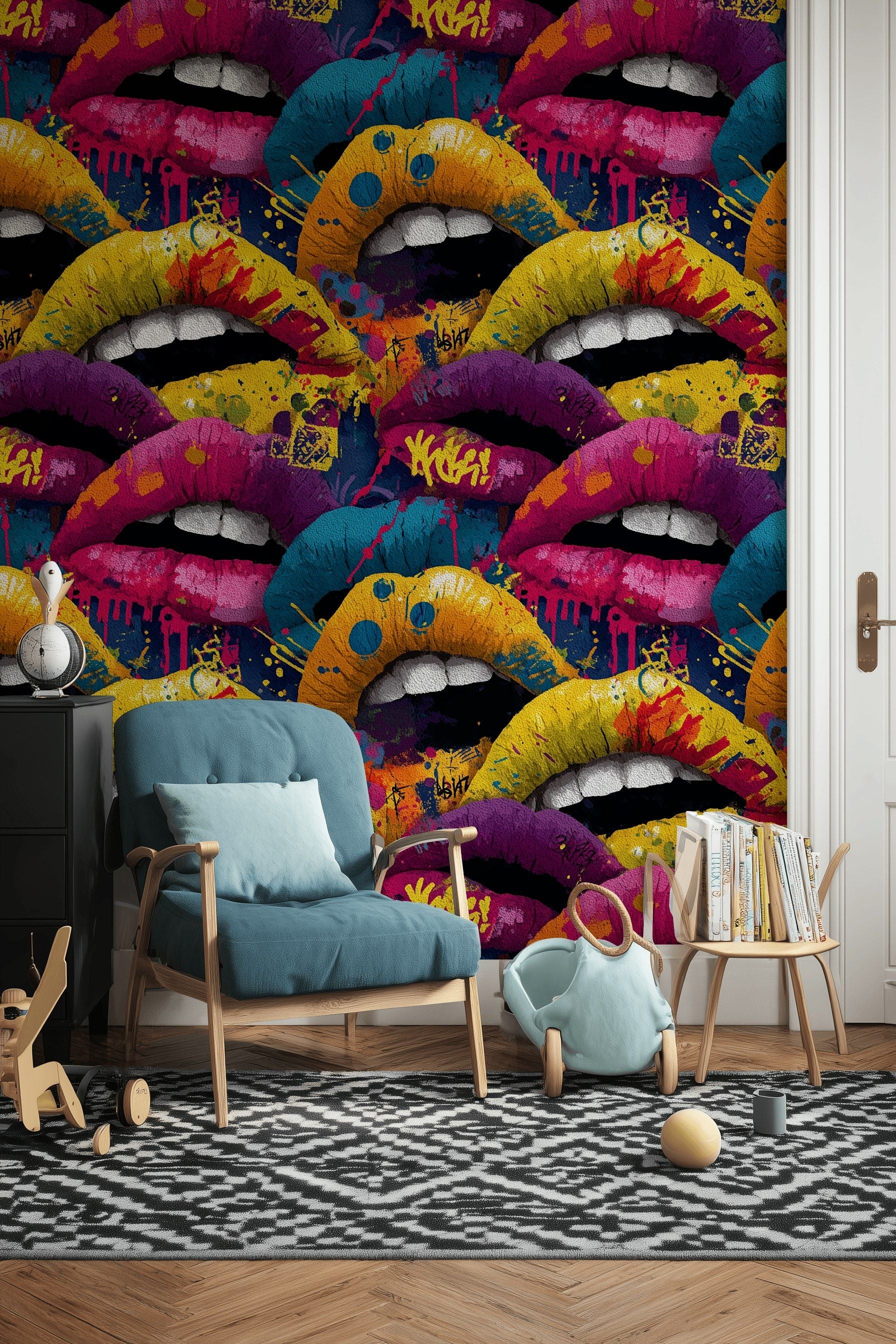 Grafiti Dudak Desenli Duvar Kağıdı Mor Sarı