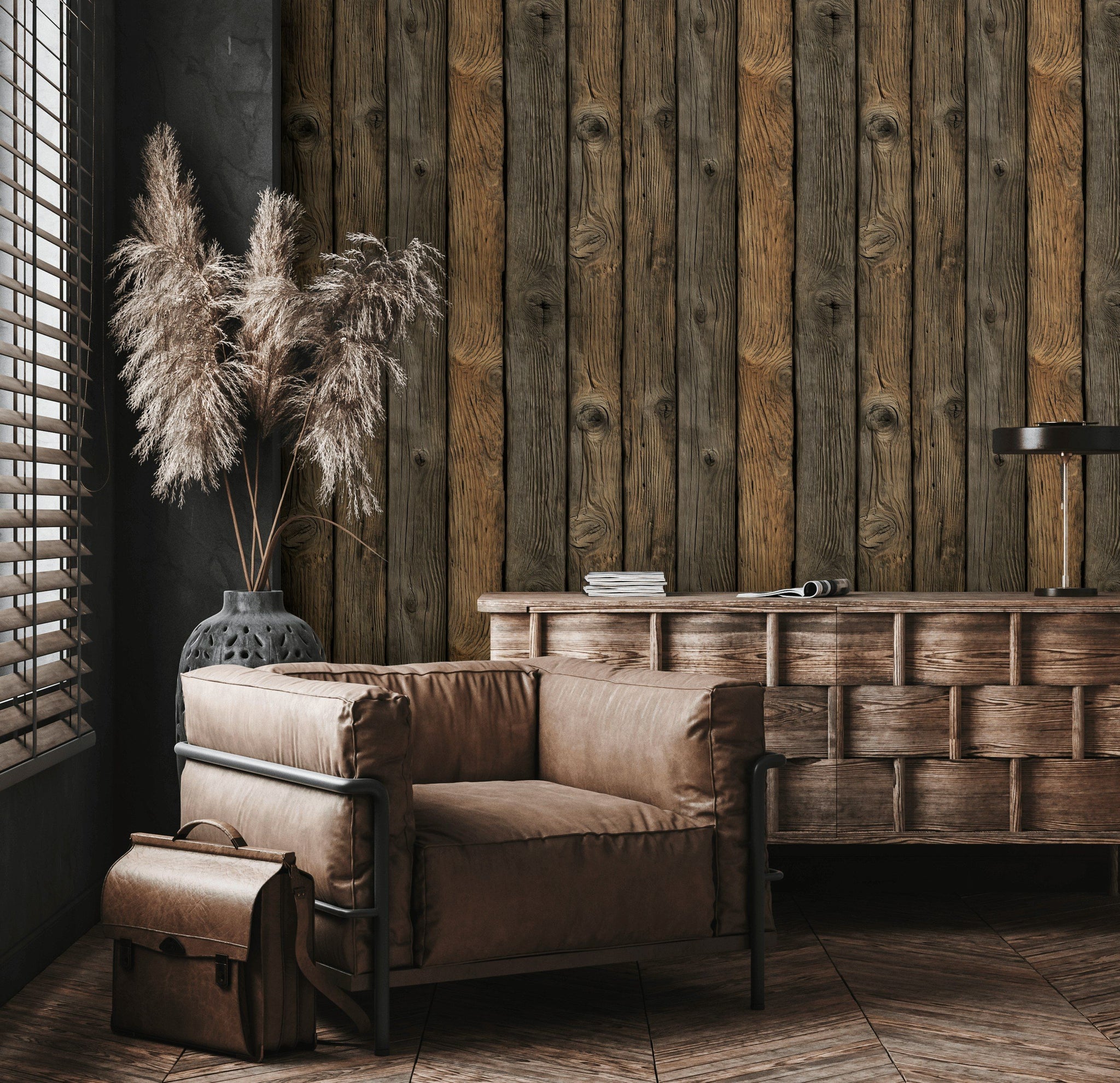 Rustik Ahşap Desenli Duvar Kağıdı Kahverengi Salon Dekoru