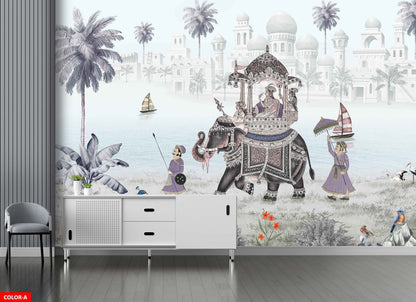 Fil ve Saray Temalı Poster Duvar Kağıdı Bej Salon