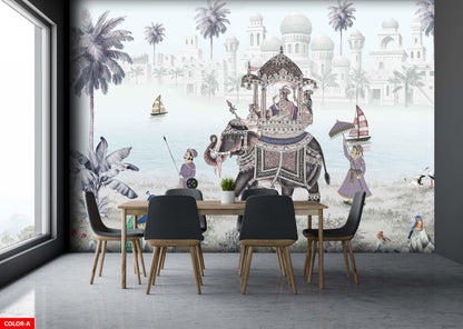 Fil ve Saray Temalı Poster Duvar Kağıdı Bej Salon