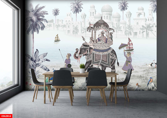Fil ve Saray Temalı Poster Duvar Kağıdı Bej Salon