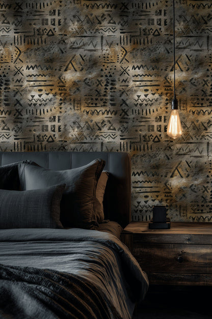 Etnik Geometrik Duvar Kağıdı Gri Bej Modern Salon