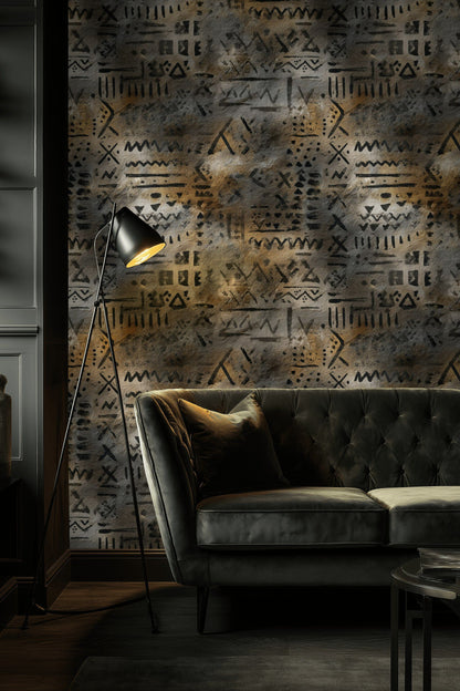Etnik Geometrik Duvar Kağıdı Gri Bej Modern Salon