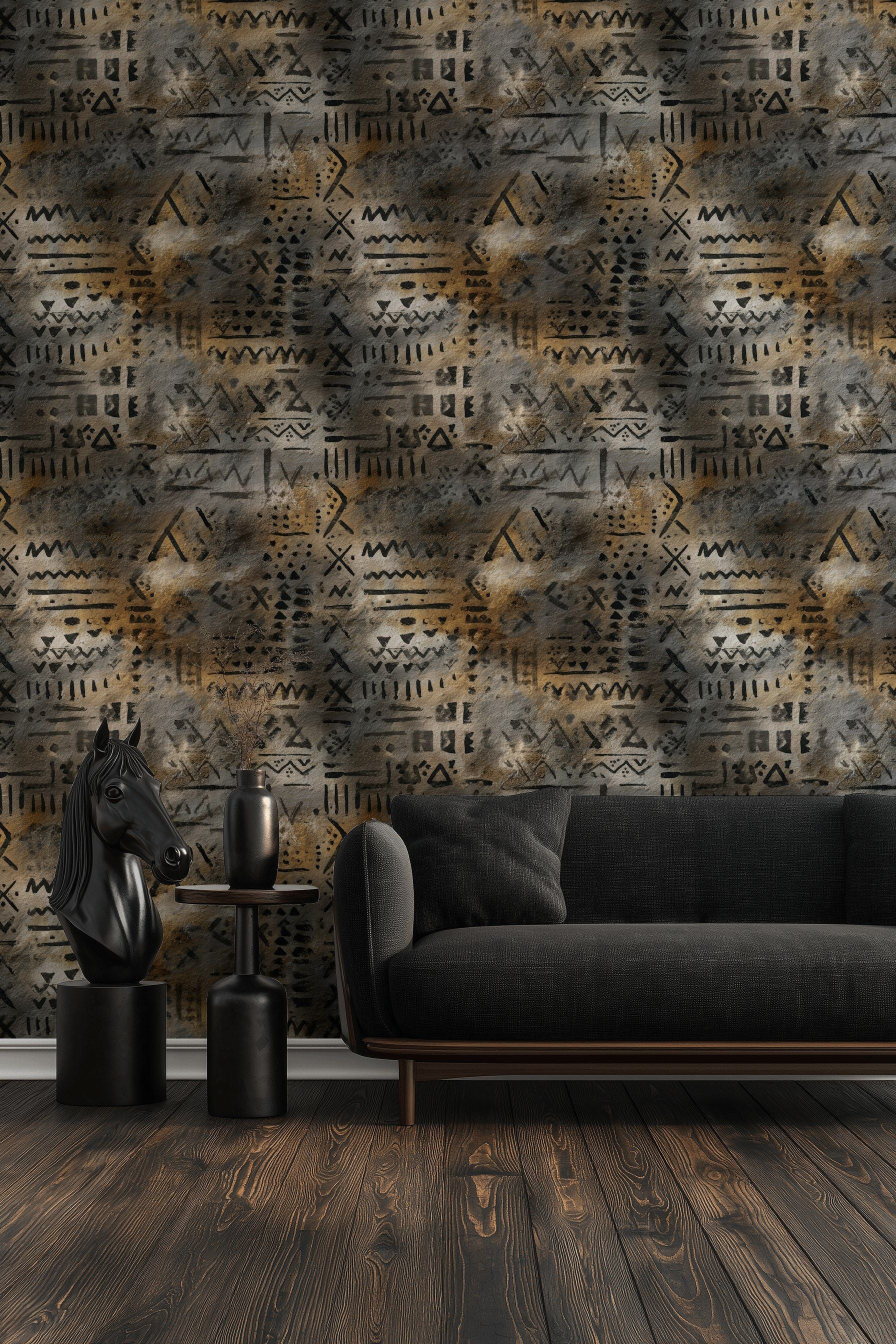 Etnik Geometrik Duvar Kağıdı Gri Bej Modern Salon