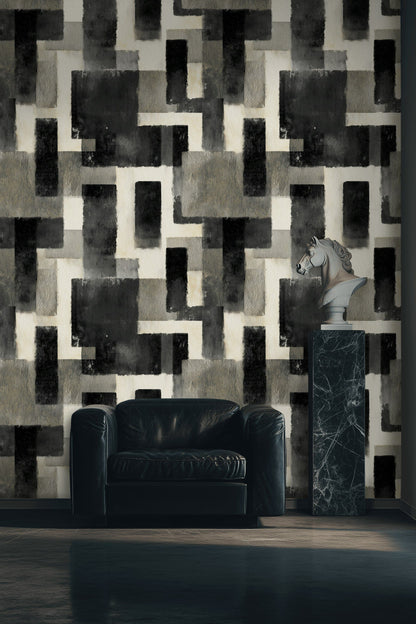 Soyut Geometrik Duvar Kağıdı Siyah Gri Desen Salon