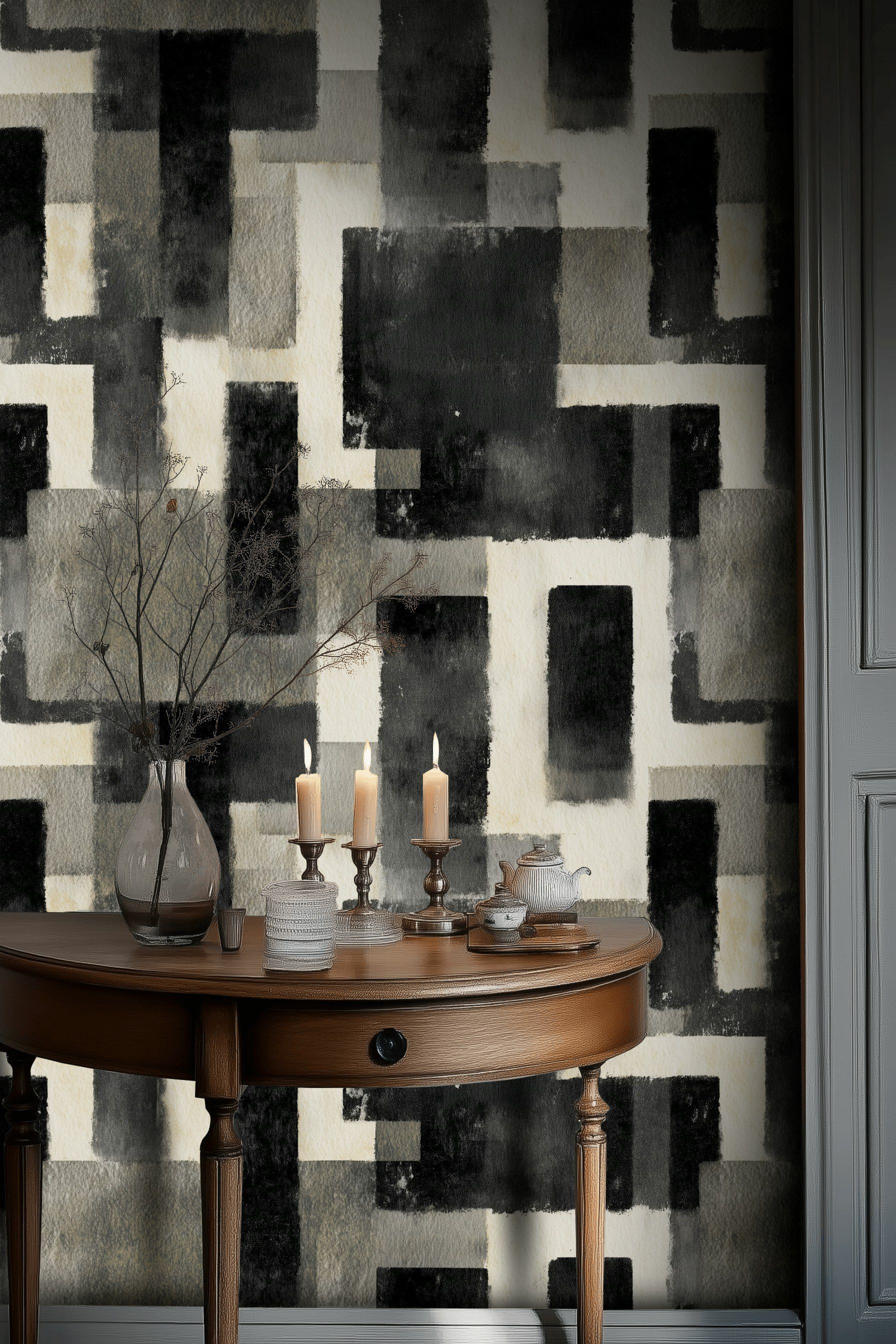 Soyut Geometrik Duvar Kağıdı Siyah Gri Desen Salon