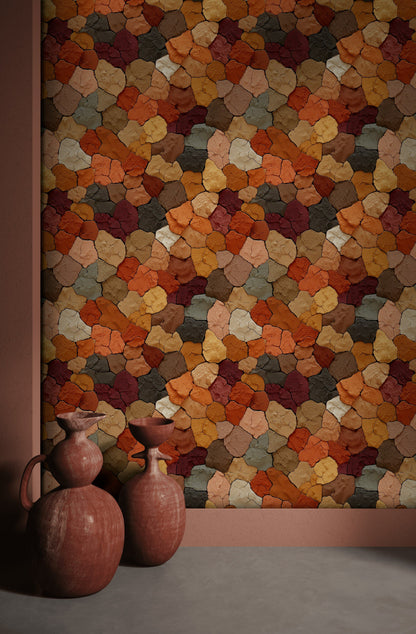 Renkli Taş Desenli Duvar Kağıdı Terracotta Salon Dekoru