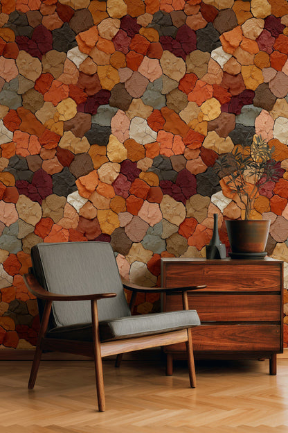 Renkli Taş Desenli Duvar Kağıdı Terracotta Salon Dekoru