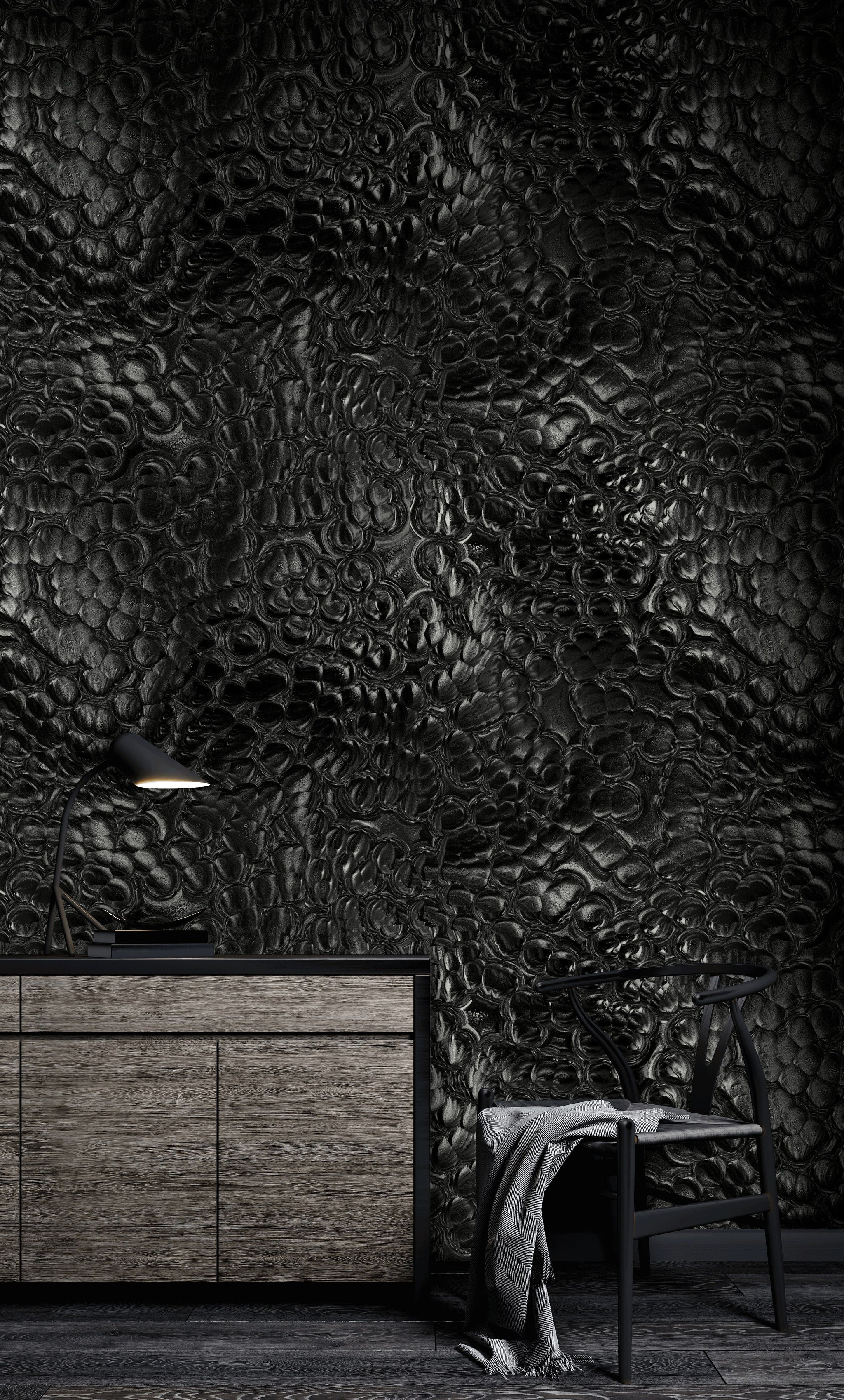 Siyah Kabartma Desenli Duvar Kağıdı Modern Salon Duvar Dekoru