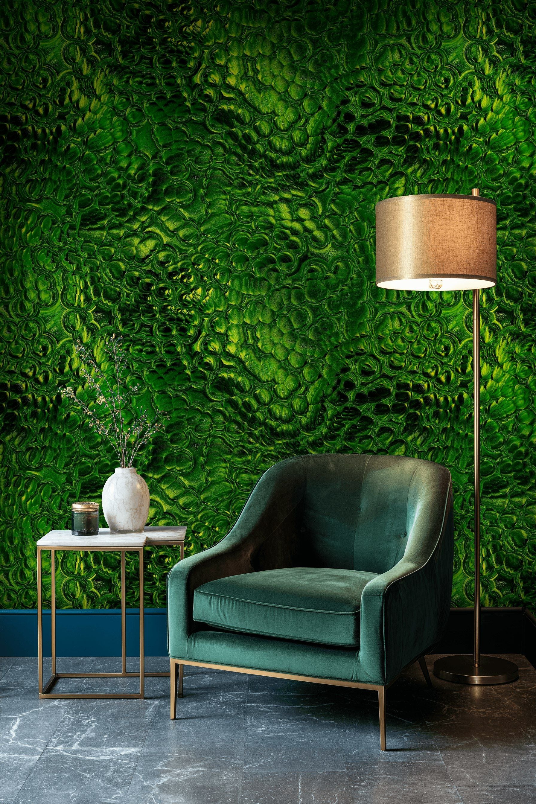 Yeşil Kabartma Desenli Duvar Kağıdı Modern Salon