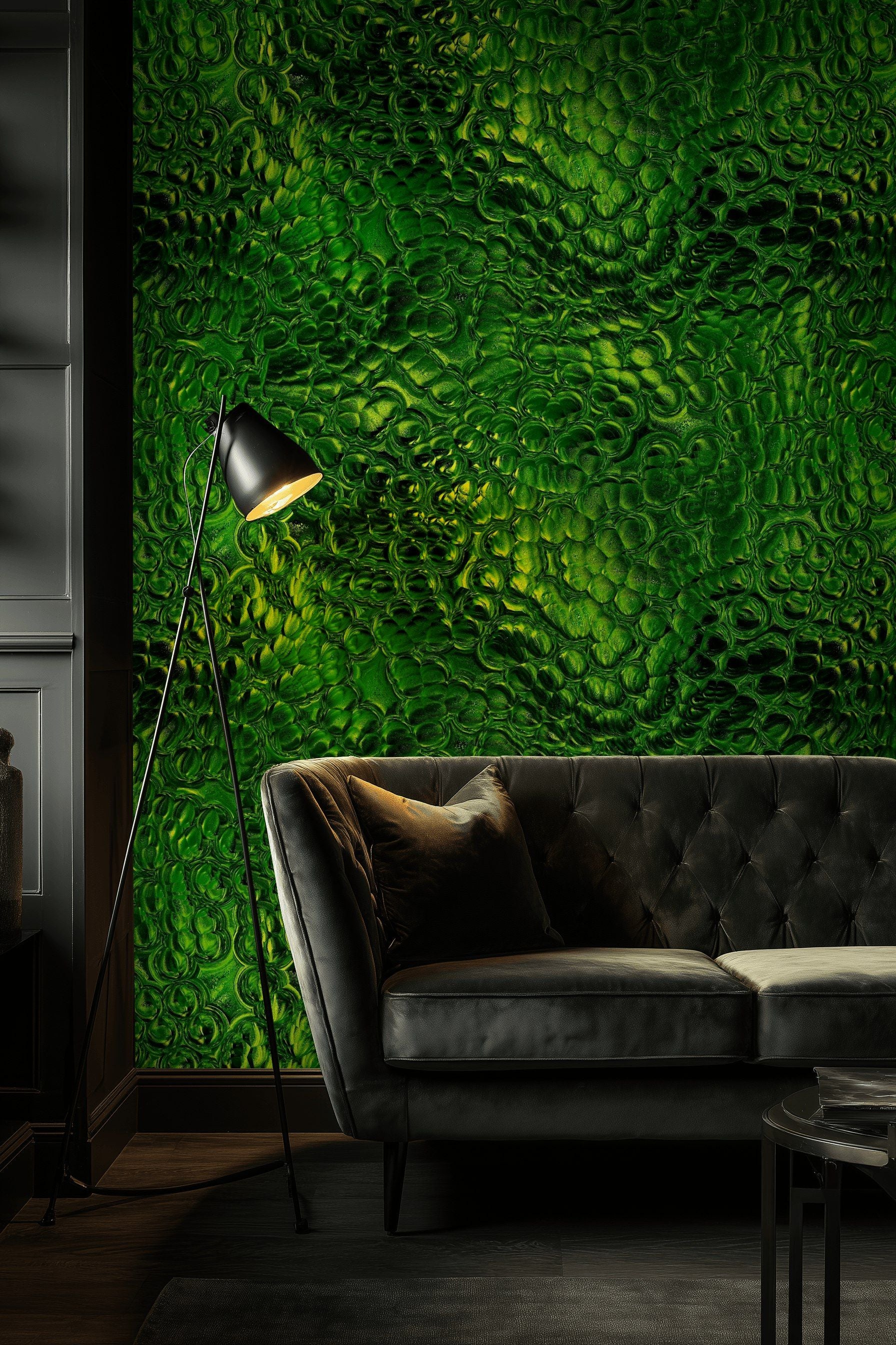 Yeşil Kabartma Desenli Duvar Kağıdı Modern Salon
