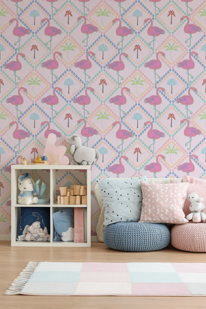 Flamingolu Duvar Kağıdı Pastel Pembe Çocuk Odası Deseni