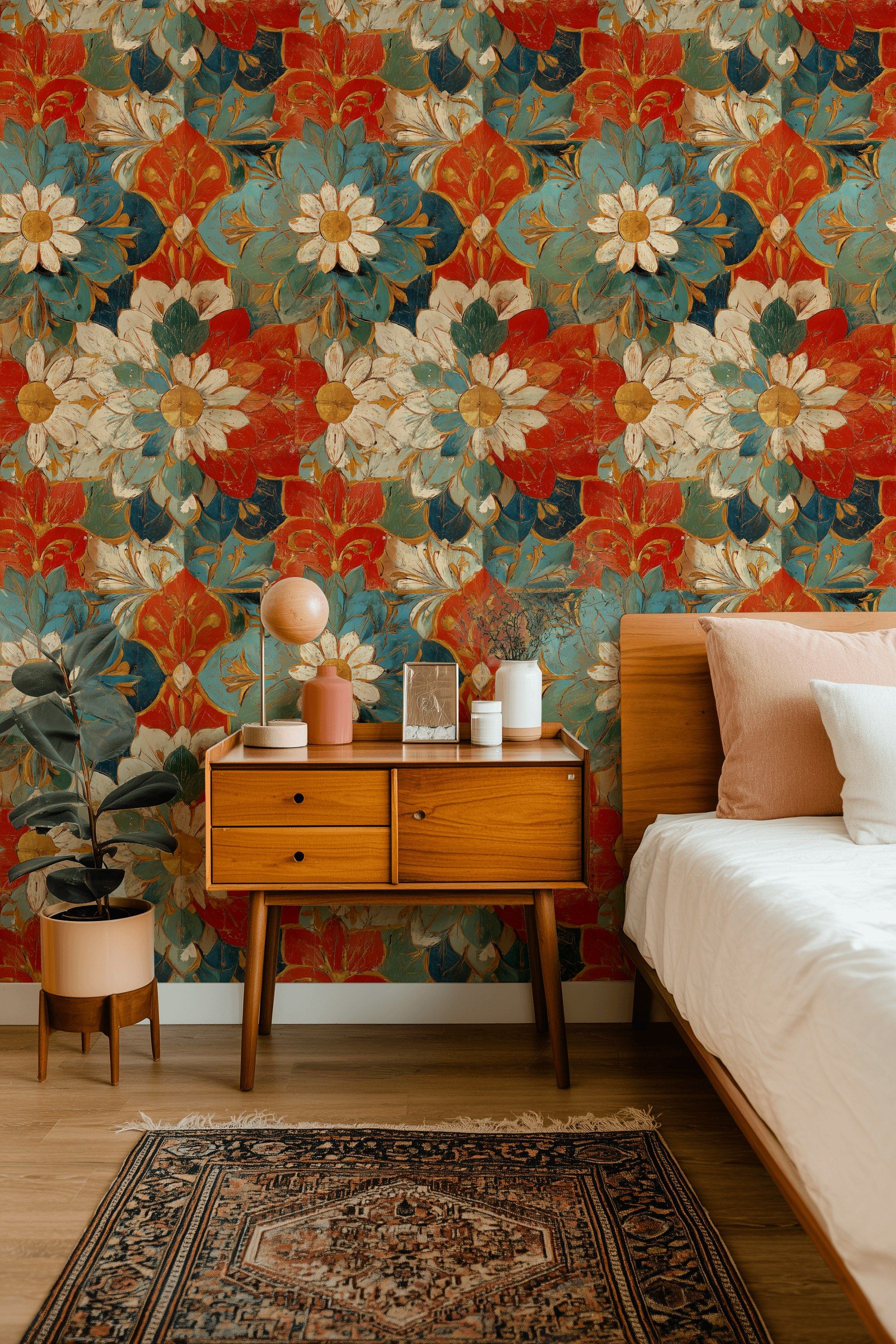 Vintage Çiçekli Duvar Kağıdı Turkuaz Kırmızı Salon