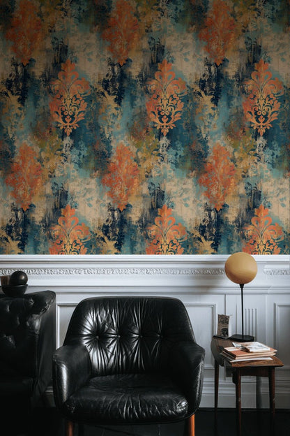 Vintage Damask Desenli Duvar Kağıdı Mavi Turuncu Salon