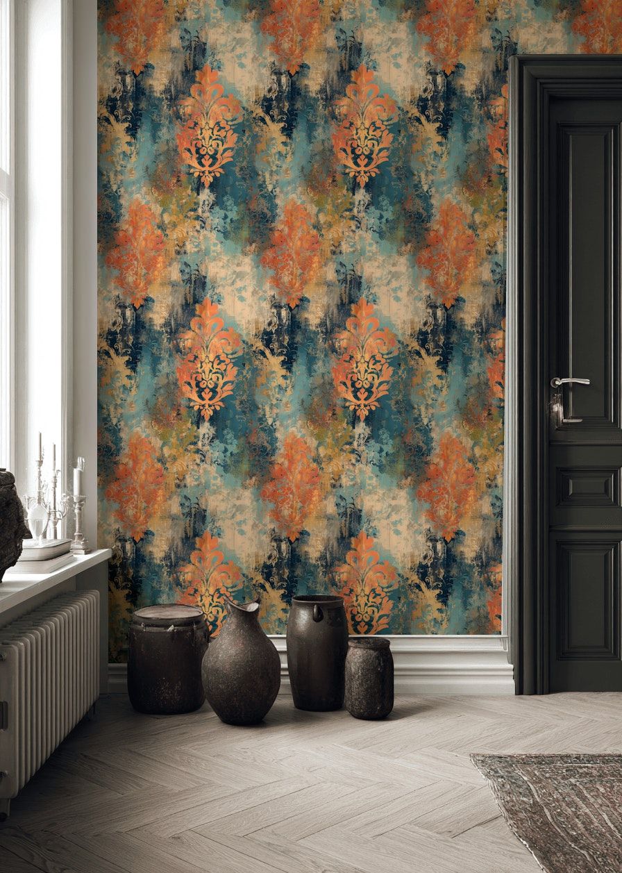 Vintage Damask Desenli Duvar Kağıdı Mavi Turuncu Salon