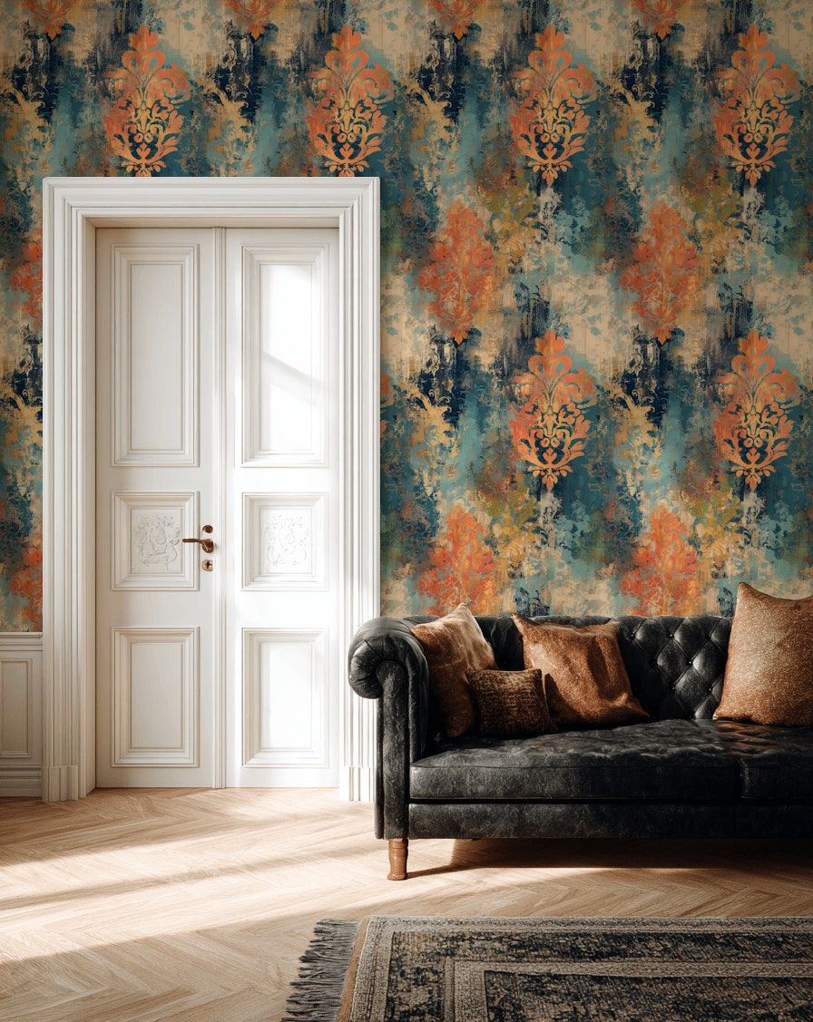 Vintage Damask Desenli Duvar Kağıdı Mavi Turuncu Salon