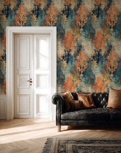 Vintage Damask Desenli Duvar Kağıdı Mavi Turuncu Salon