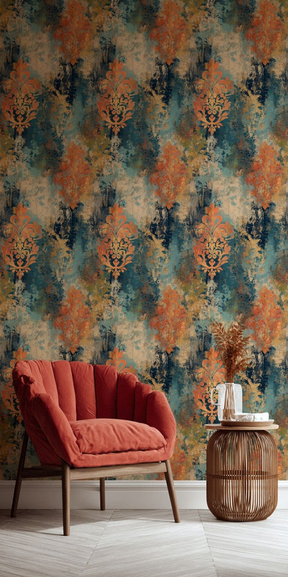 Vintage Damask Desenli Duvar Kağıdı Mavi Turuncu Salon