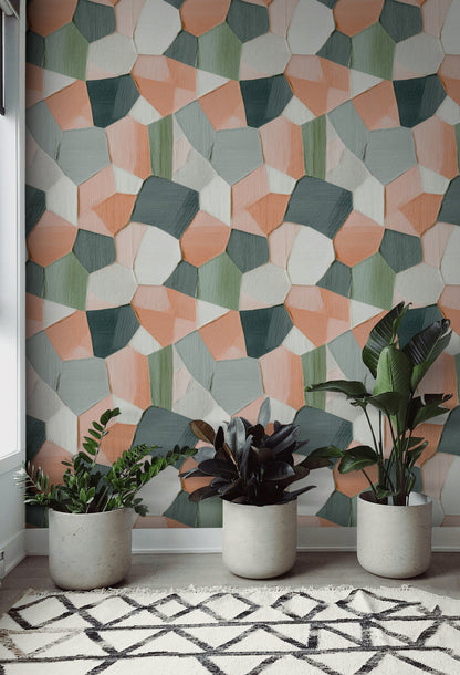 Geometrik Desenli Duvar Kağıdı Yeşil Pudra Tonlu Salon