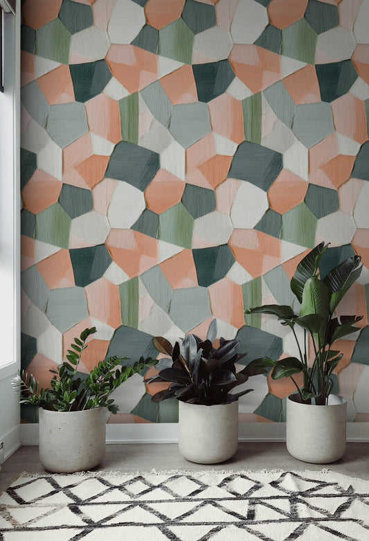 Geometrik Desenli Duvar Kağıdı Yeşil Pudra Tonlu Salon