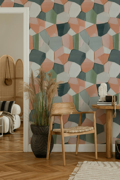 Geometrik Desenli Duvar Kağıdı Yeşil Pudra Tonlu Salon