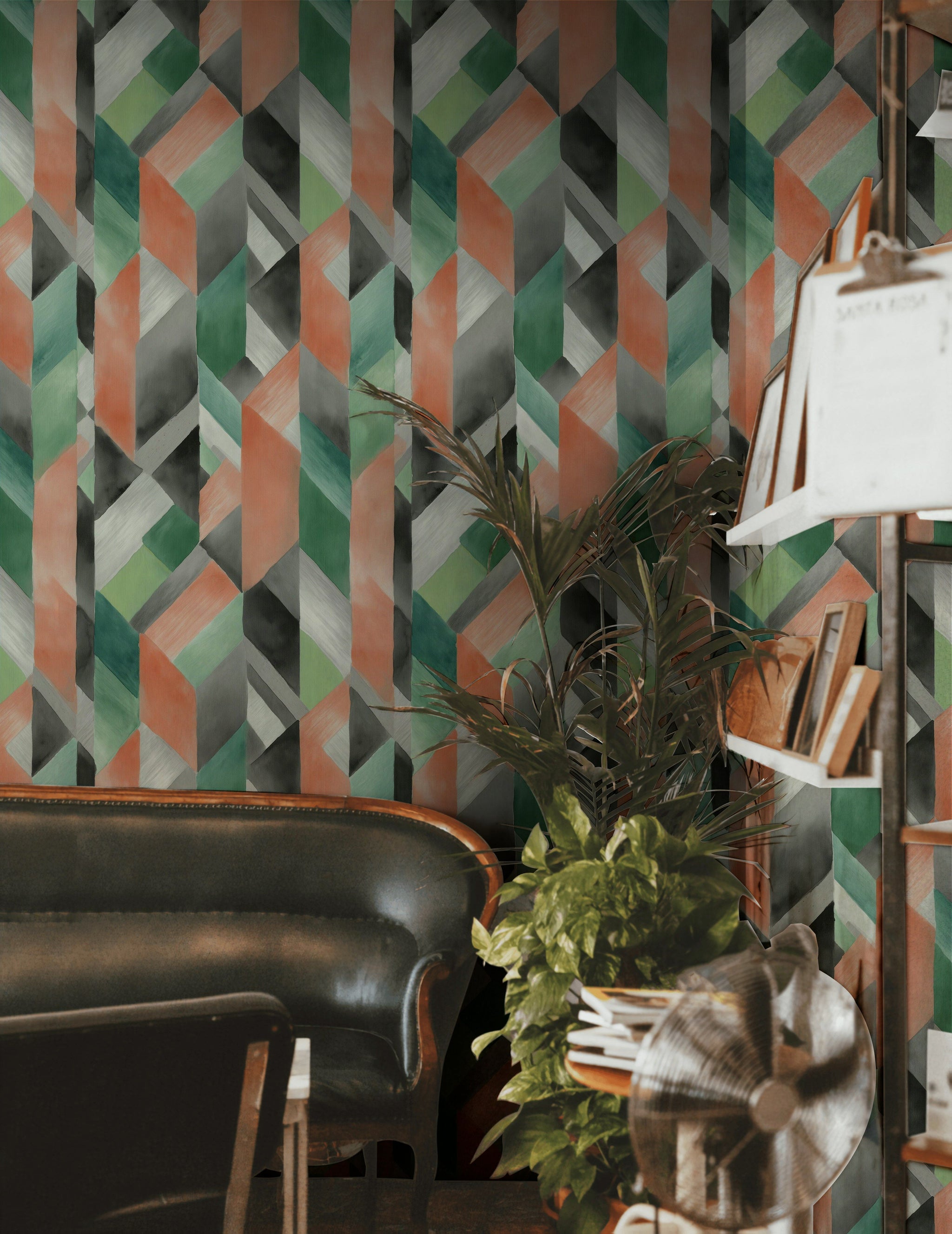 Geometrik Desenli Duvar Kağıdı Yeşil Gri Salon