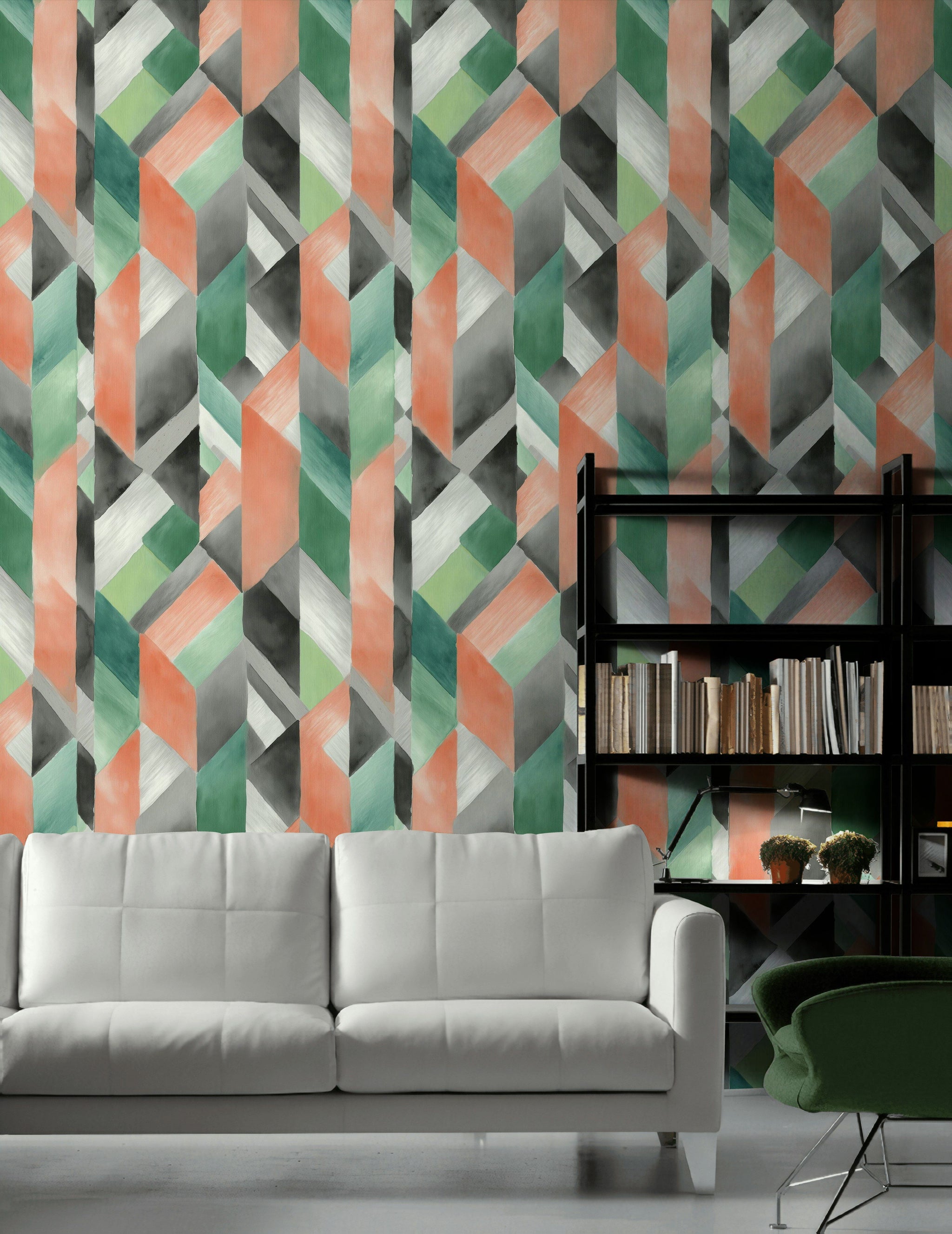 Geometrik Desenli Duvar Kağıdı Yeşil Gri Salon