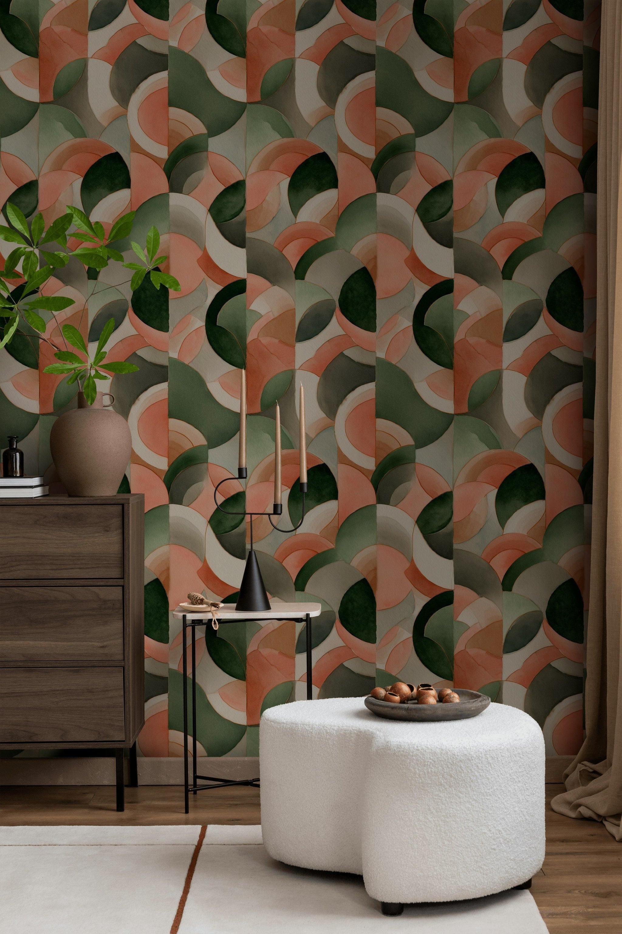 Soyut Geometrik Duvar Kağıdı Yeşil Kiremit Tonlu Salon