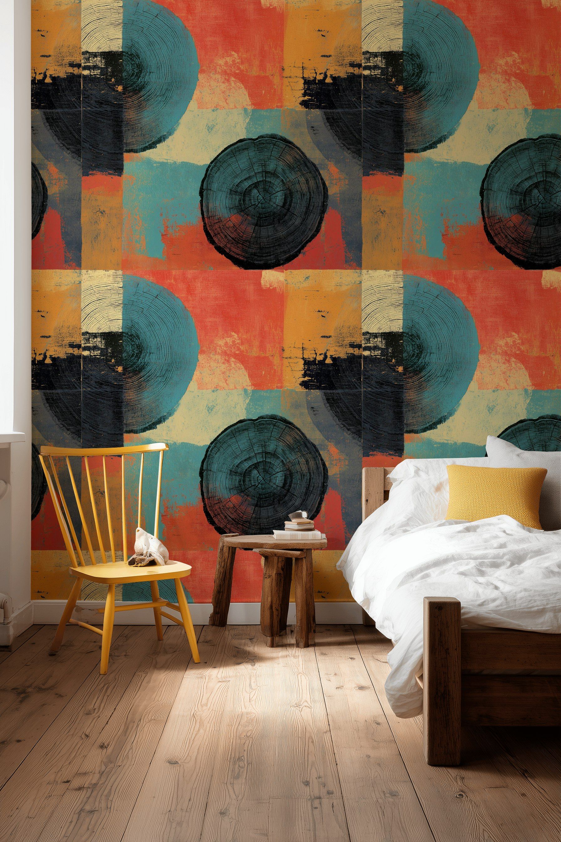 Soyut Daire Desenli Duvar Kağıdı Turuncu Mavi Salon