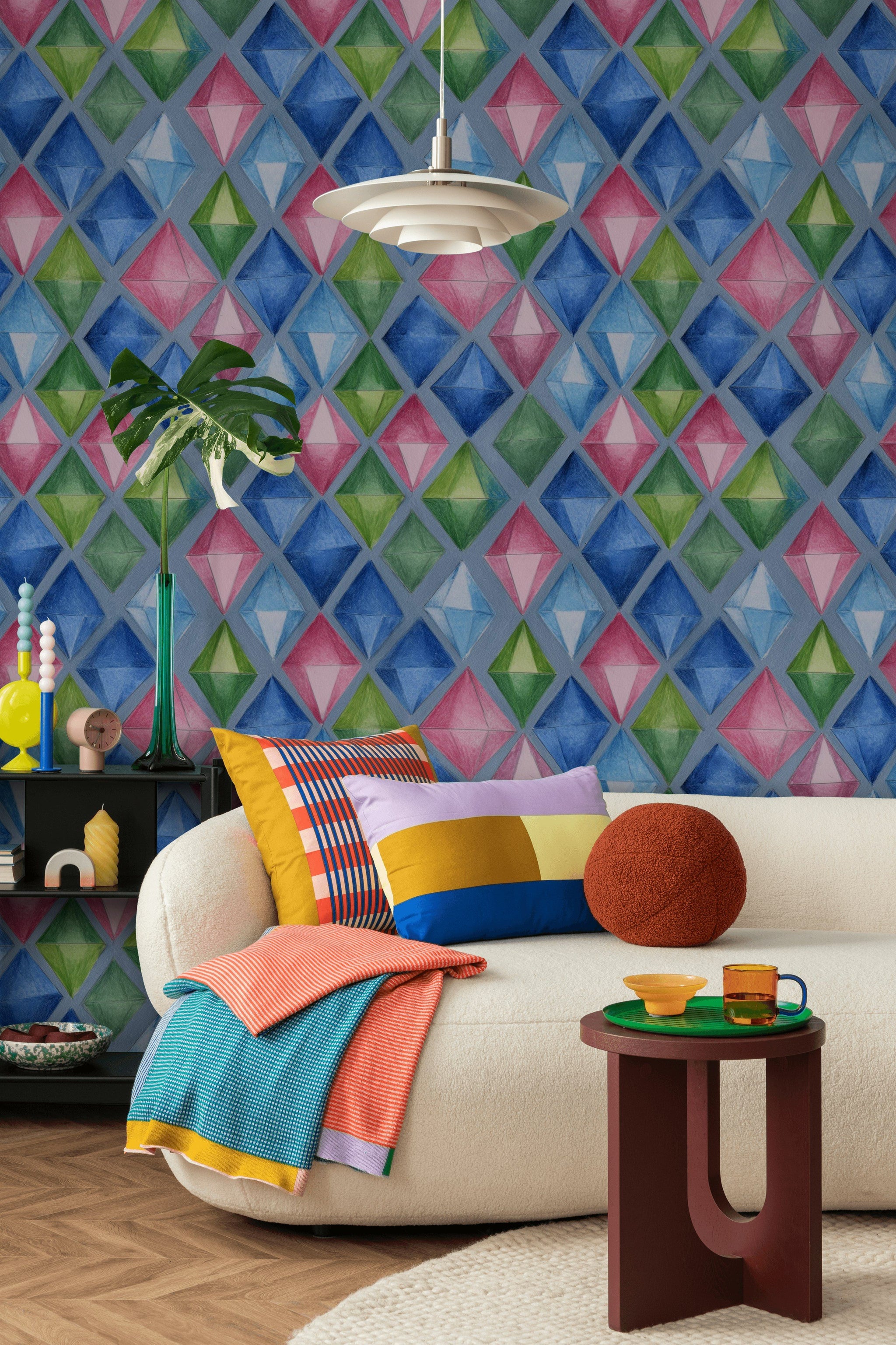 Geometrik Elmas Desenli Duvar Kağıdı Mavi Yeşil Salon