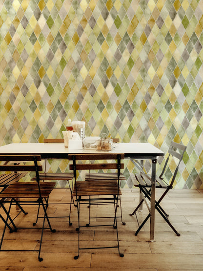 Baklava Desenli Geometrik Duvar Kağıdı Sarı Yeşil Salon