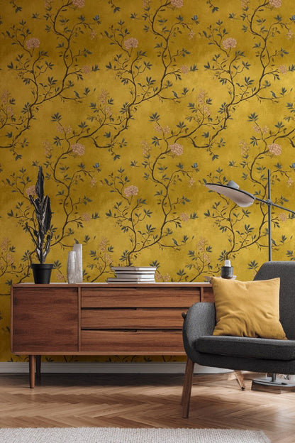 Çiçekli Dallı Duvar Kağıdı Hardal Sarı Vintage Salon