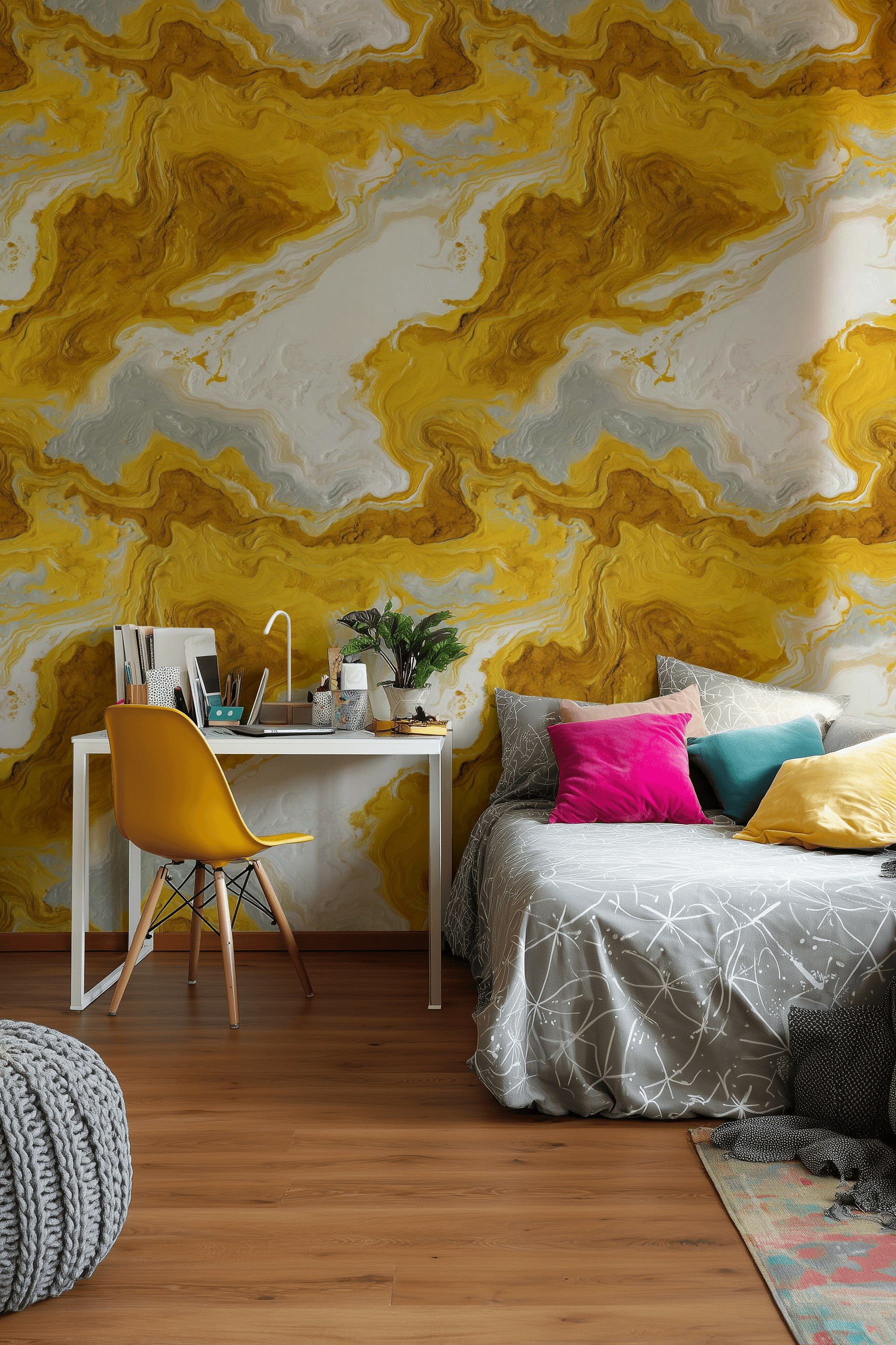 Altın Mermer Desenli Duvar Kağıdı Sarı Beyaz Modern Salon