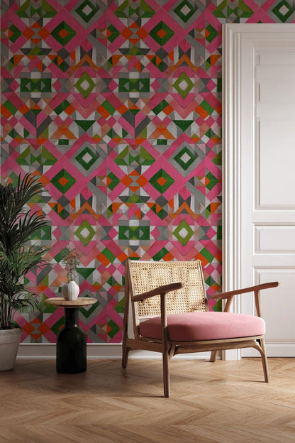 Etnik Geometrik Duvar Kağıdı Pembe Yeşil Kilim Desen