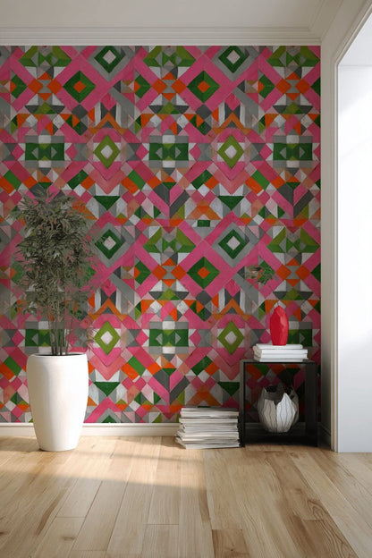 Etnik Geometrik Duvar Kağıdı Pembe Yeşil Kilim Desen