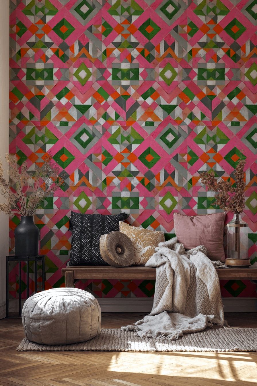 Etnik Geometrik Duvar Kağıdı Pembe Yeşil Kilim Desen