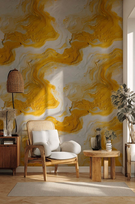 Sarı Mermer Desenli Duvar Kağıdı Modern Salon Dekoru