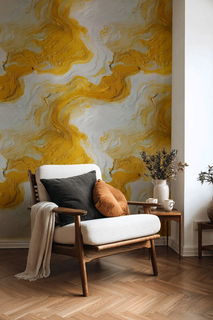 Sarı Mermer Desenli Duvar Kağıdı Modern Salon Dekoru