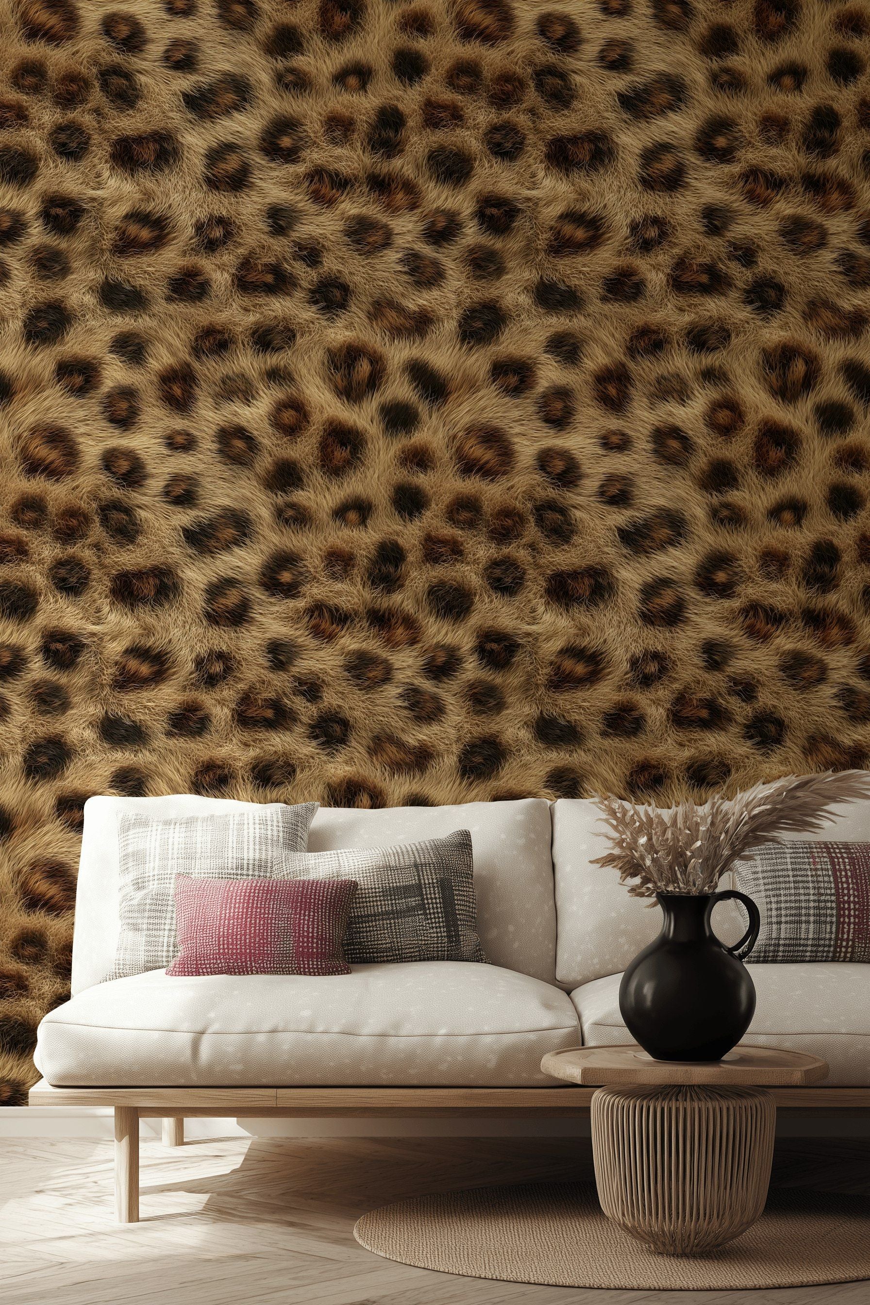 Leopar Desenli Duvar Kağıdı Kahverengi Siyah Salon
