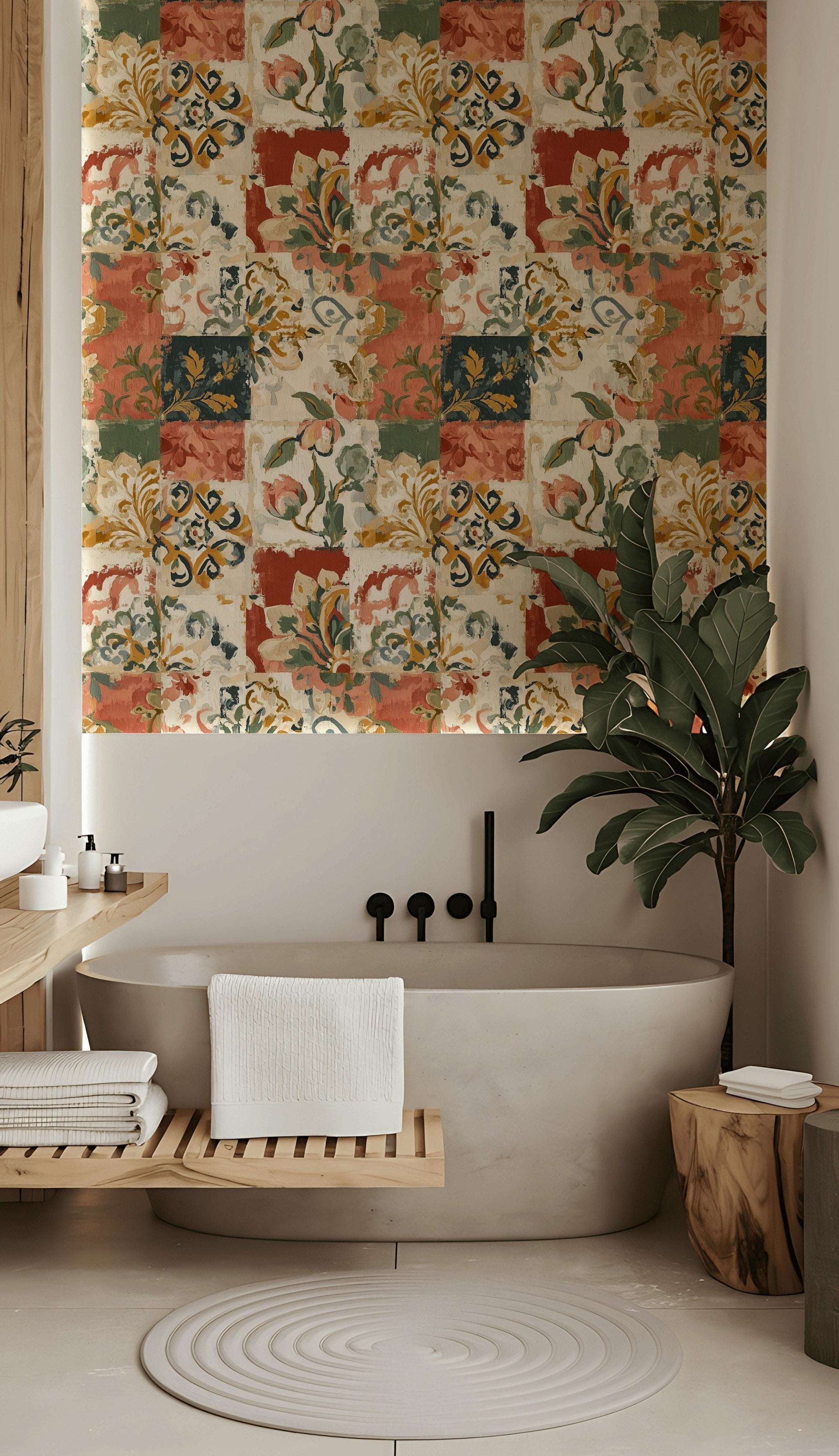 Patchwork Çiçek Desenli Duvar Kağıdı Kiremit Yeşil