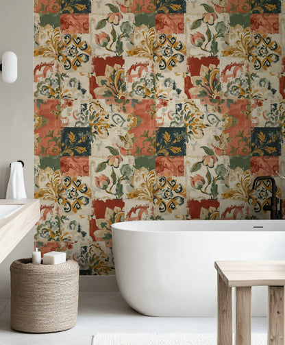 Patchwork Çiçek Desenli Duvar Kağıdı Kiremit Yeşil
