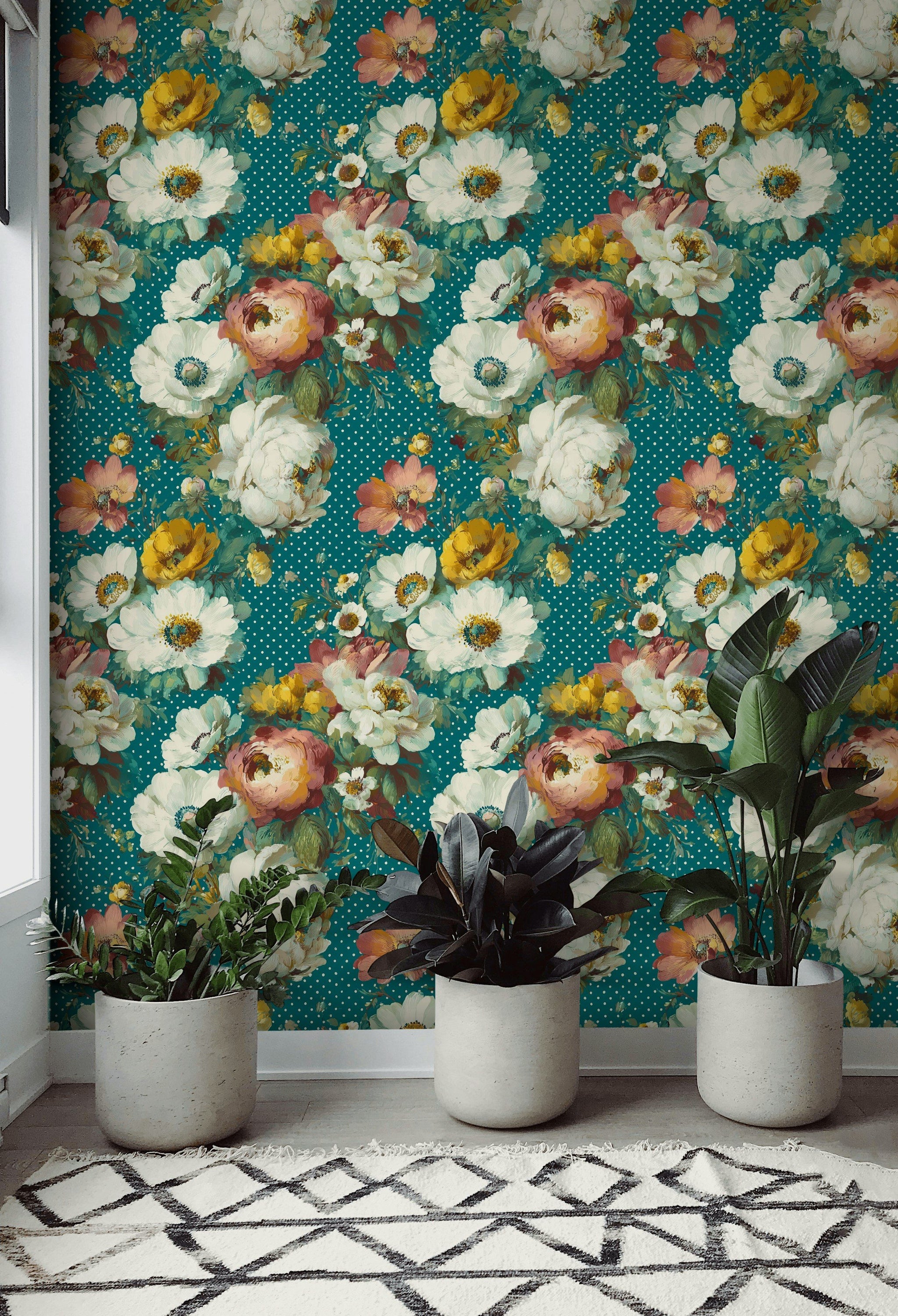 Benekli Zeminli Çiçek Desenli Duvar Kağıdı Yeşil Salon
