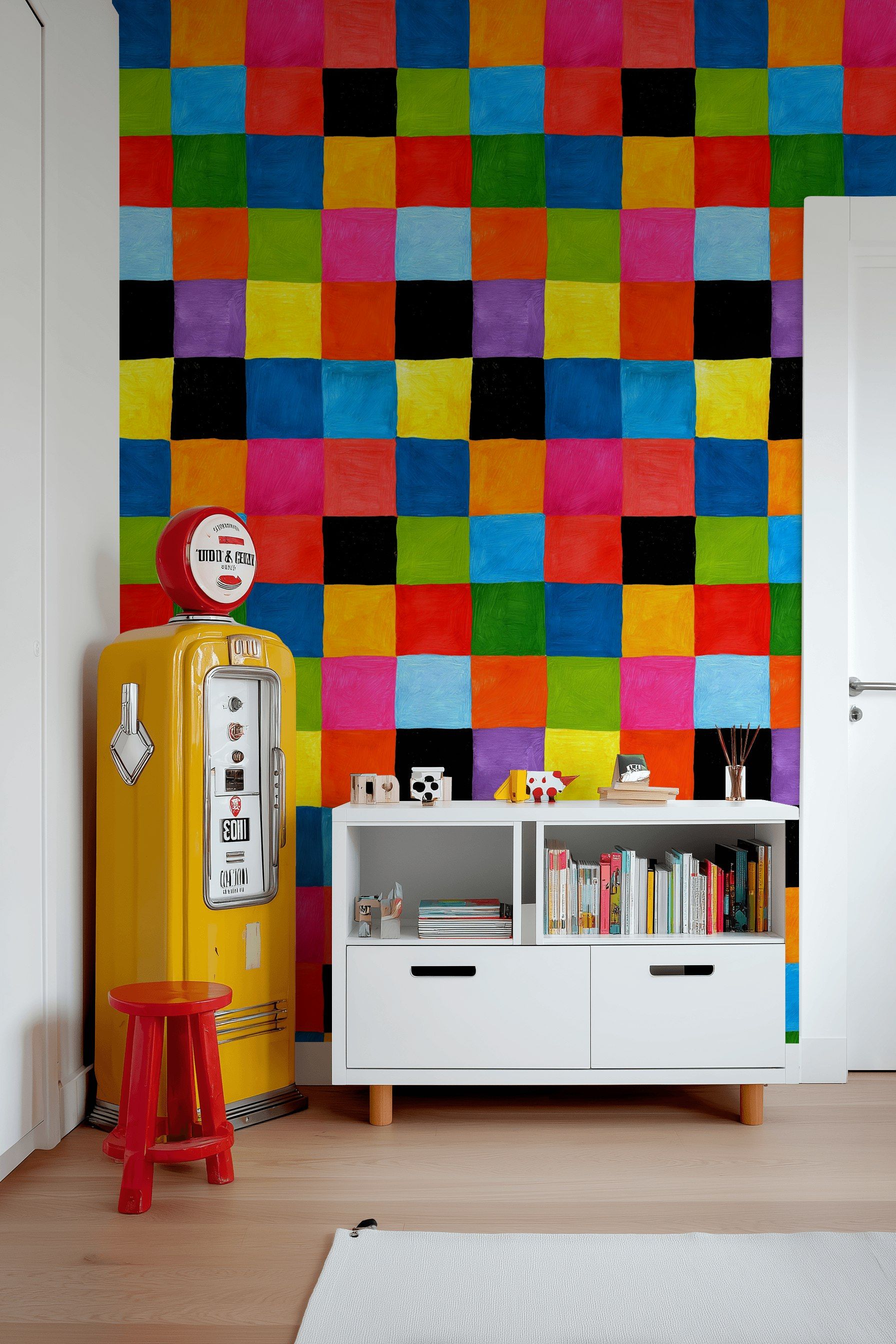 Renkli Kareli Duvar Kağıdı Geometrik Modern Salon Dekoru