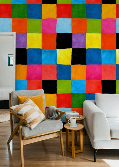 Renkli Kareli Duvar Kağıdı Geometrik Modern Salon Dekoru