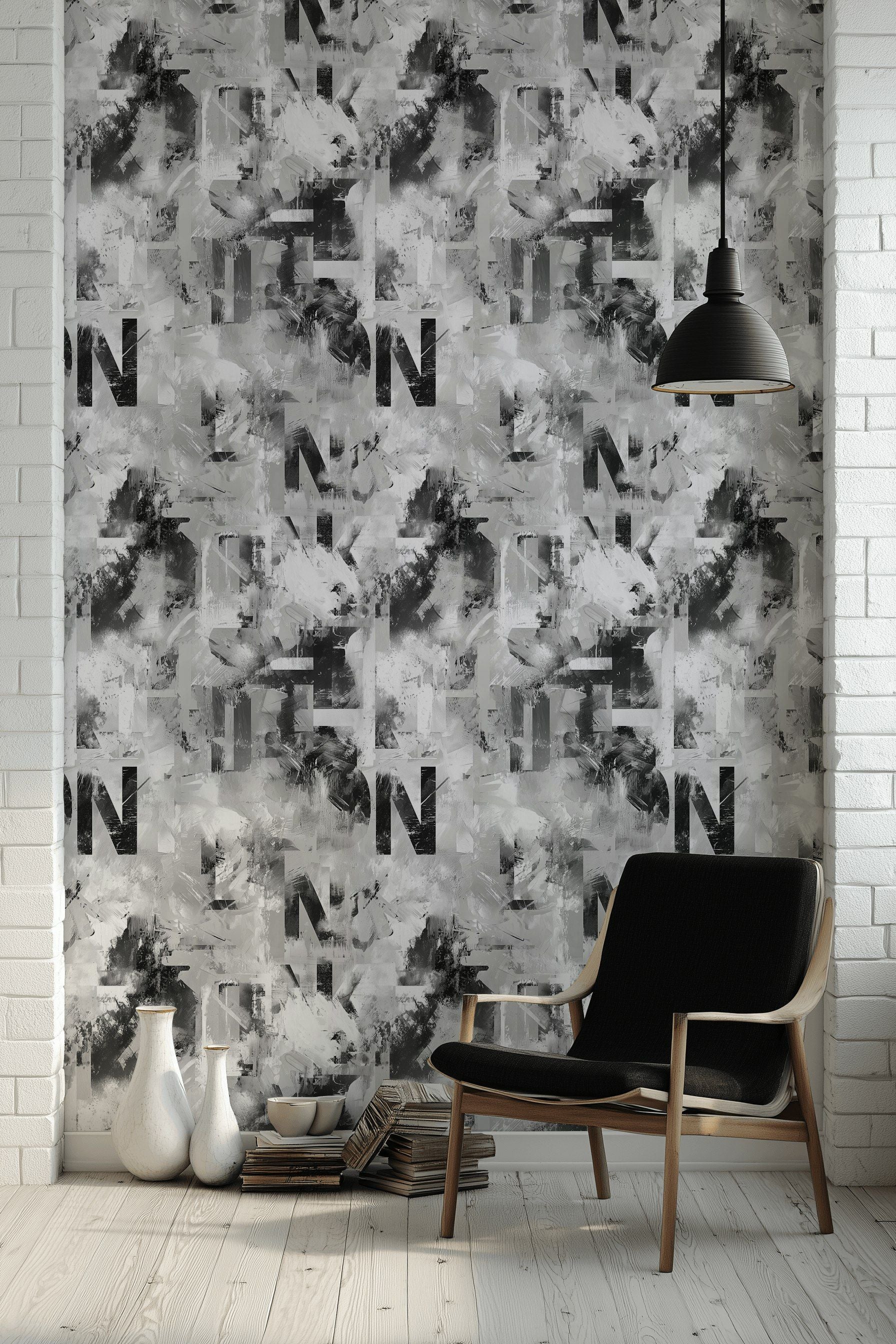 Soyut Tipografik Duvar Kağıdı Gri Siyah Modern Salon